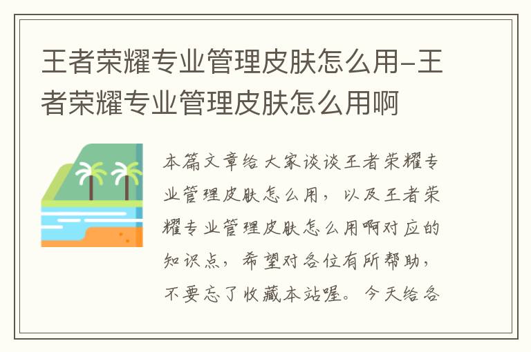 王者荣耀专业管理皮肤怎么用-王者荣耀专业管理皮肤怎么用啊